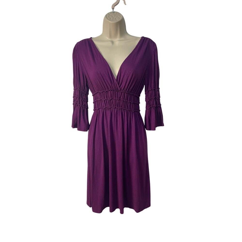 Max Edition Petite Purple Smocked Empire Waist V-Neck Bell Sleeve Dress MP